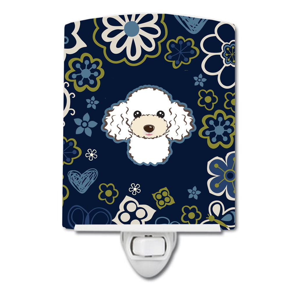 Blue Flowers White Poodle Ceramic Night Light