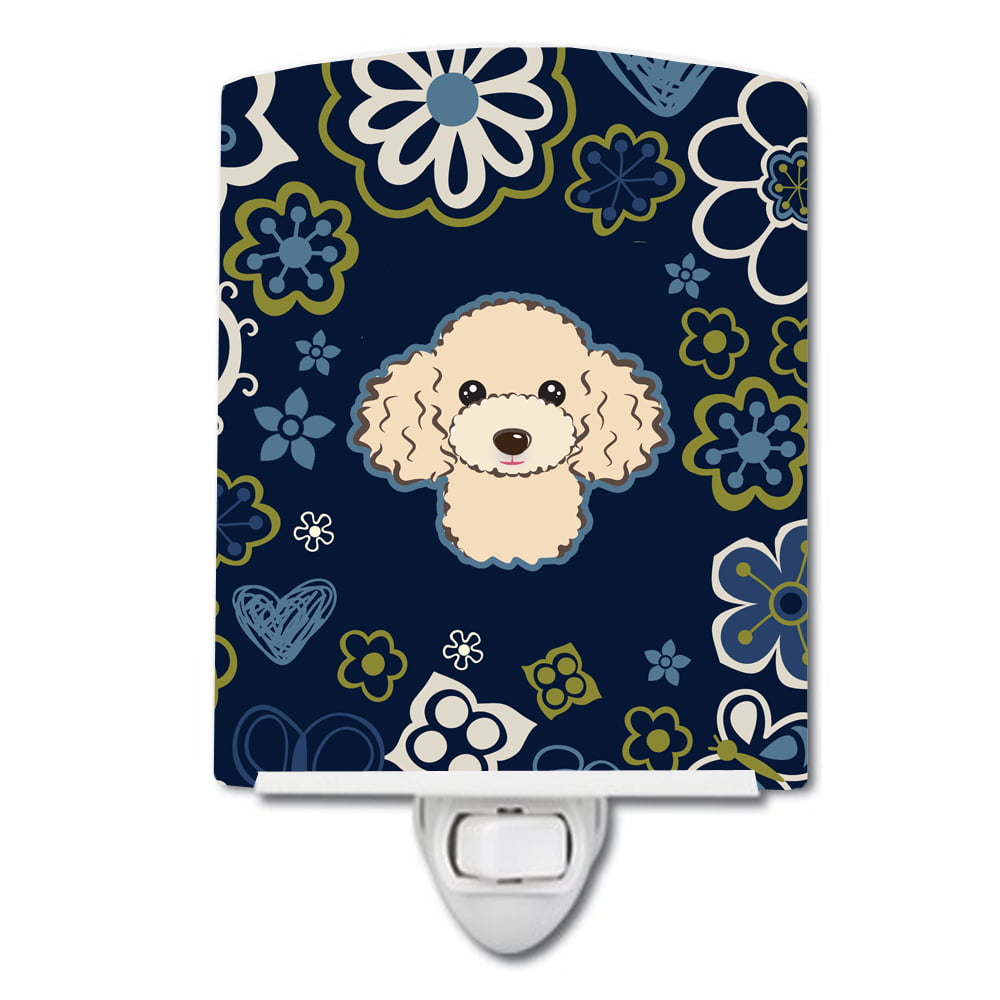 Blue Flowers Buff Poodle Ceramic Night Light