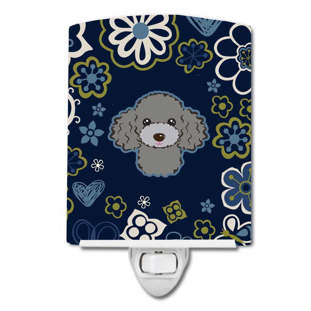 BB5110CNL Blue Flowers Silver & Gray Poodle Ceramic Night Light