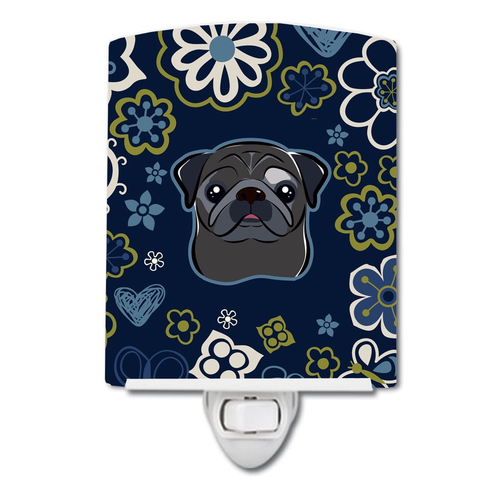 BB5114CNL Blue Flowers Black Pug Ceramic Night Light