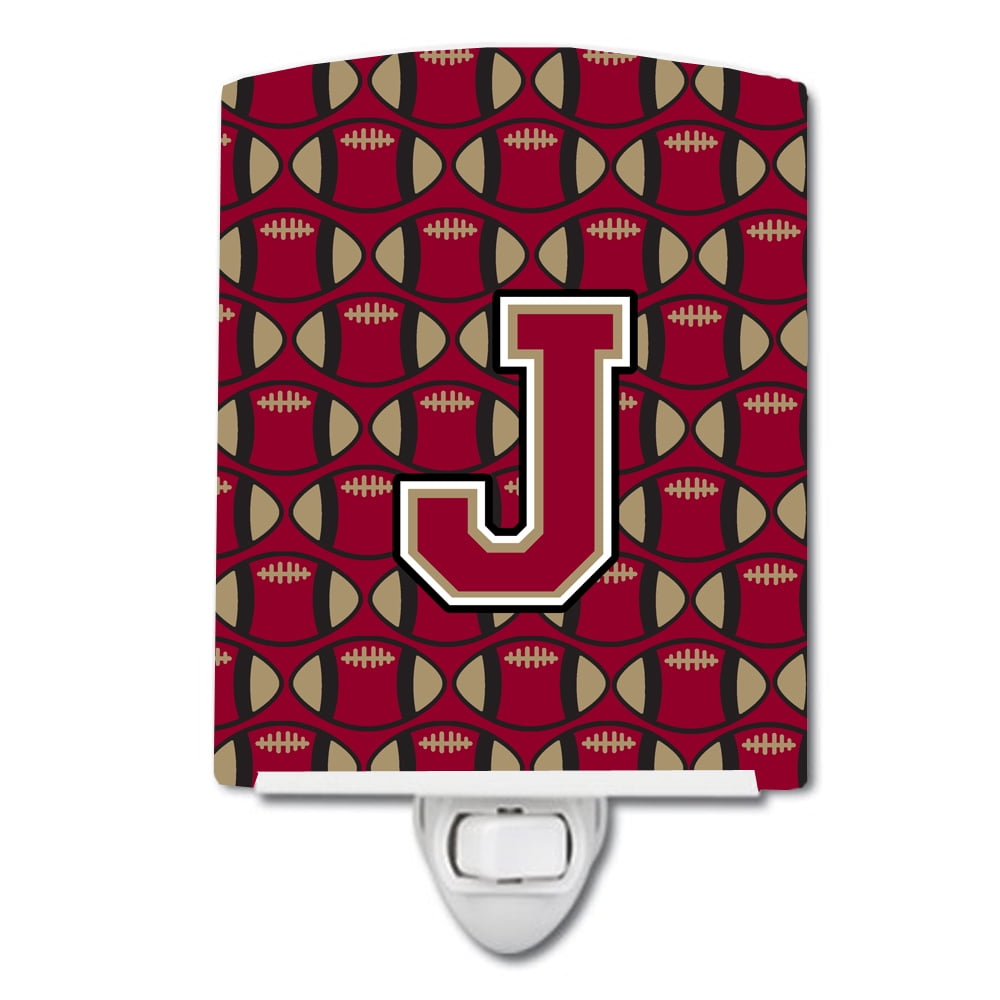Letter J Football Garnet & Gold Ceramic Night Light