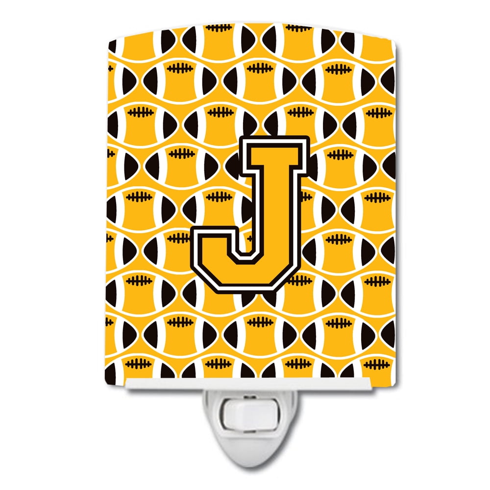 Letter J Football Black, Old Gold & White Ceramic Night Light