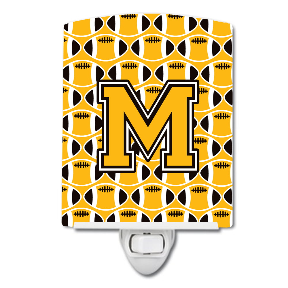 Letter M Football Black, Old Gold & White Ceramic Night Light