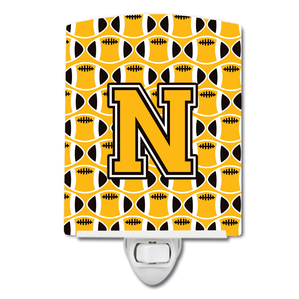 Letter N Football Black, Old Gold & White Ceramic Night Light