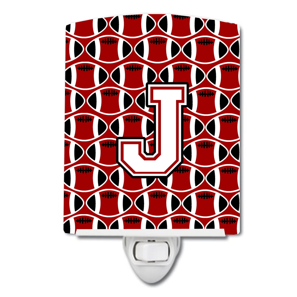 Letter J Football Cardinal & White Ceramic Night Light