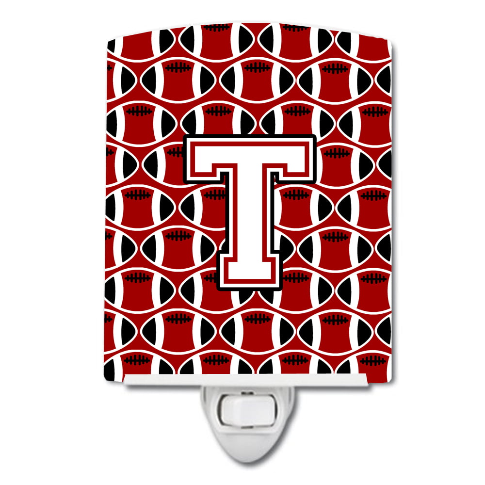 Letter T Football Cardinal & White Ceramic Night Light