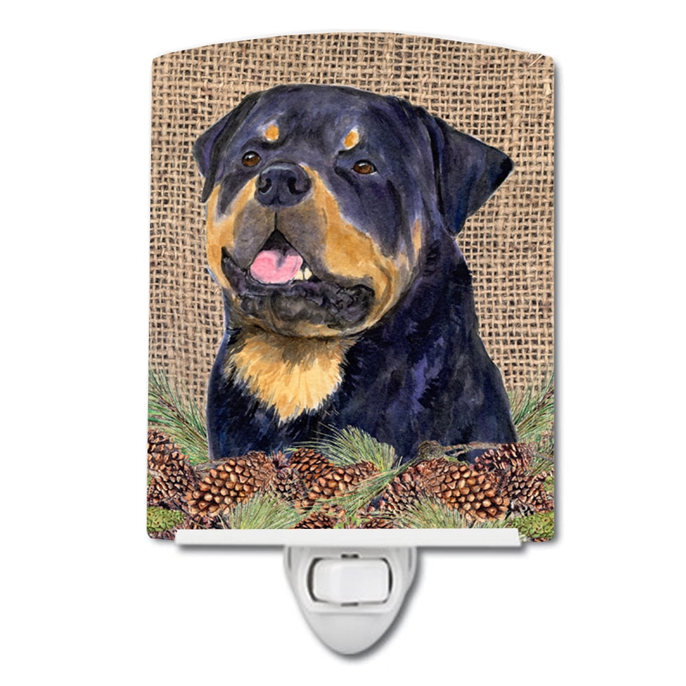 Rottweiler on Faux Burlap with Pine Cones Ceramic Night Light