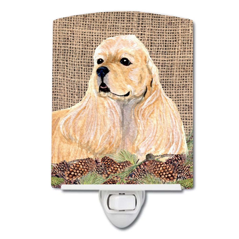 Cocker Spaniel on Faux Burlap with Pine Cones Ceramic Night Light