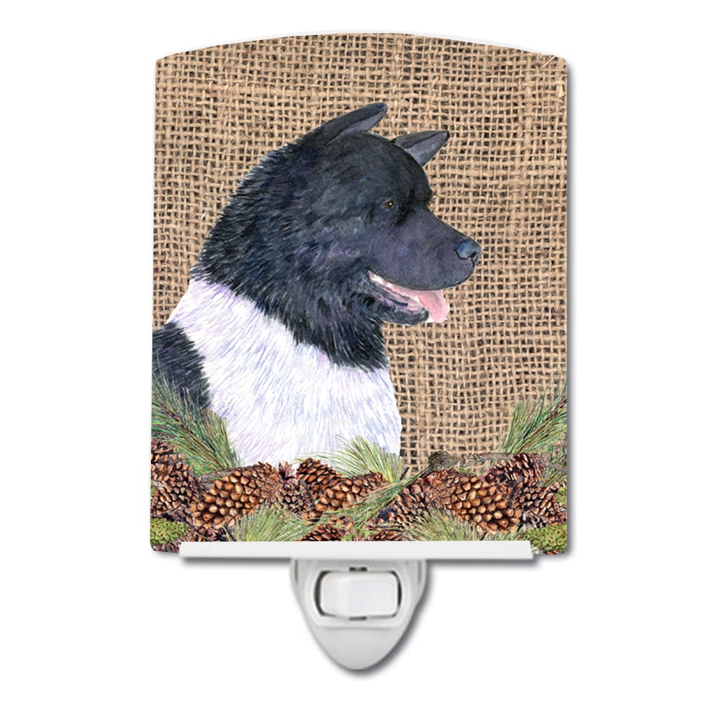 Akita on Faux Burlap with Pine Cones Ceramic Night Light