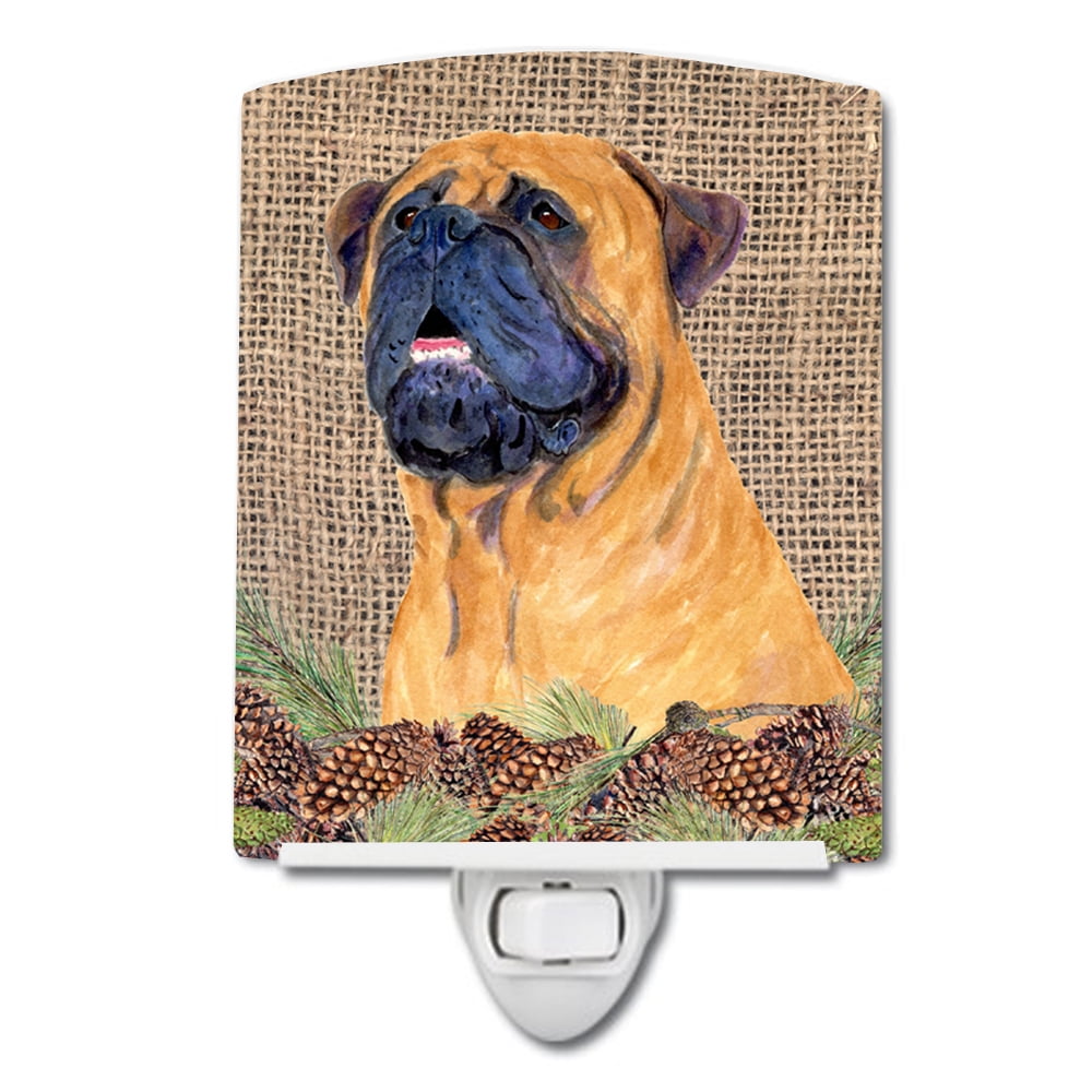 Bullmastiff on Faux Burlap with Pine Cones Ceramic Night Light
