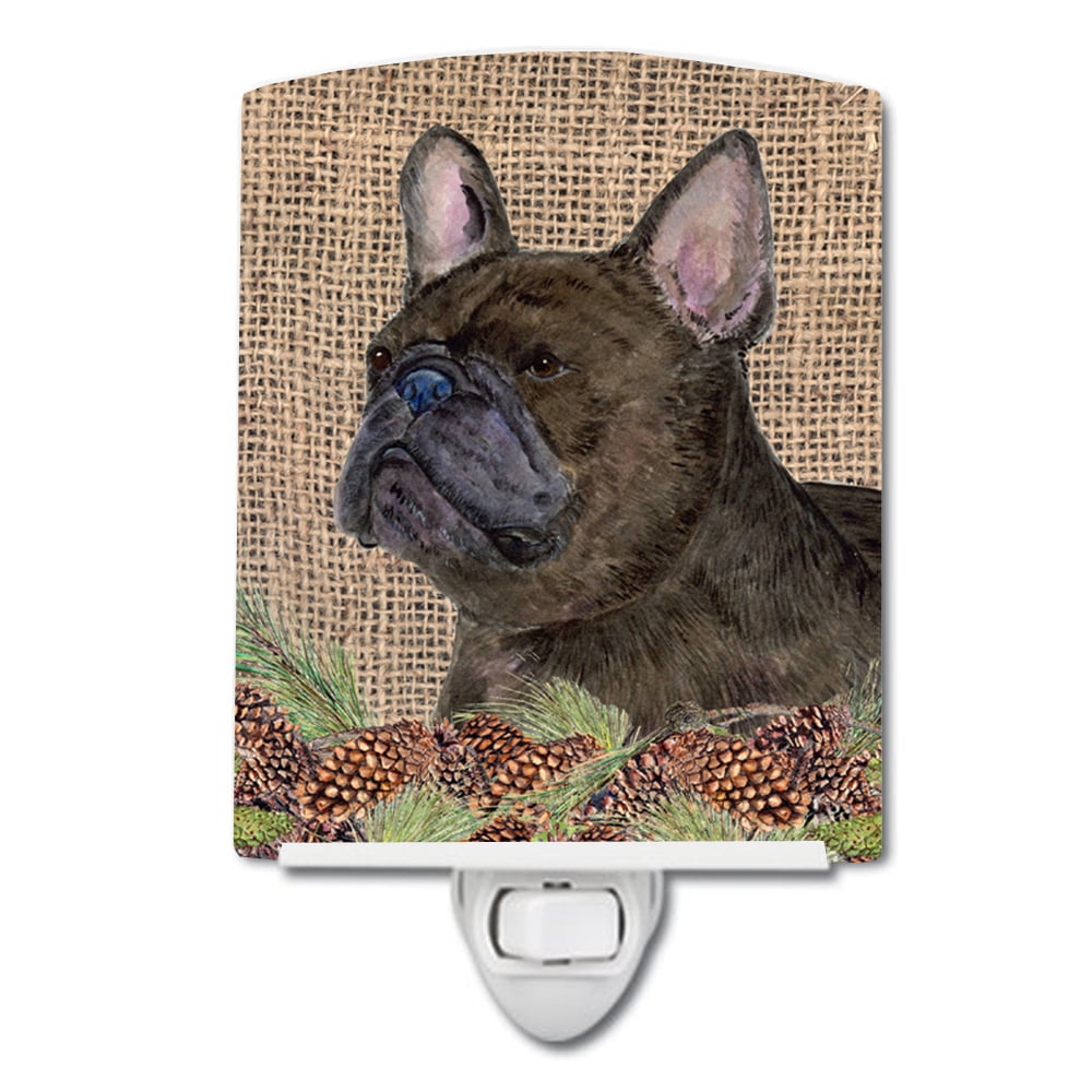 French Bulldog on Faux Burlap with Pine Cones Ceramic Night Light
