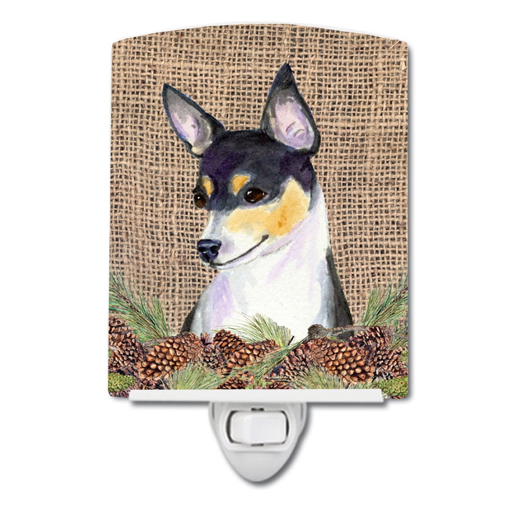 Fox Terrier on Faux Burlap with Pine Cones Ceramic Night Light