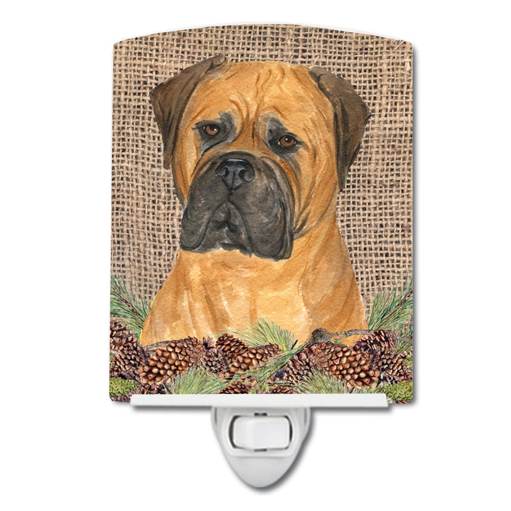 Bullmastiff on Faux Burlap with Pine Cones Ceramic Night Light