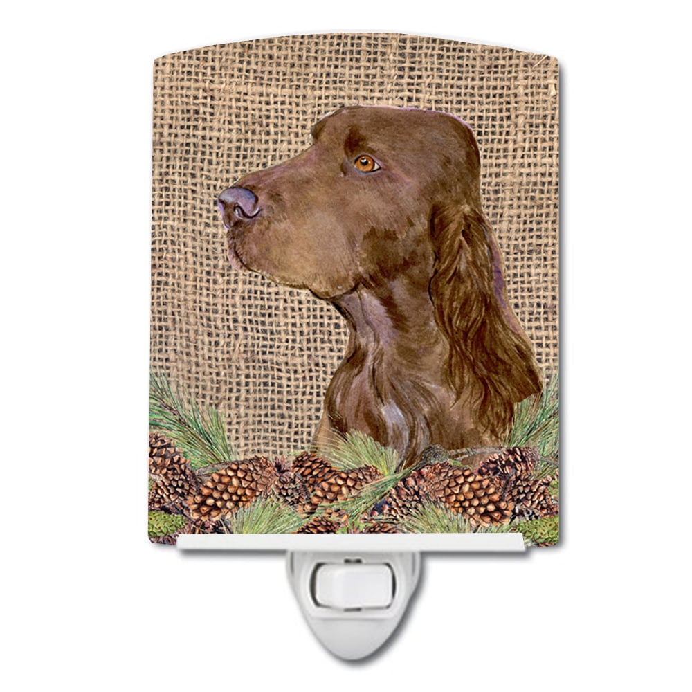 Field Spaniel on Faux Burlap with Pine Cones Ceramic Night Light