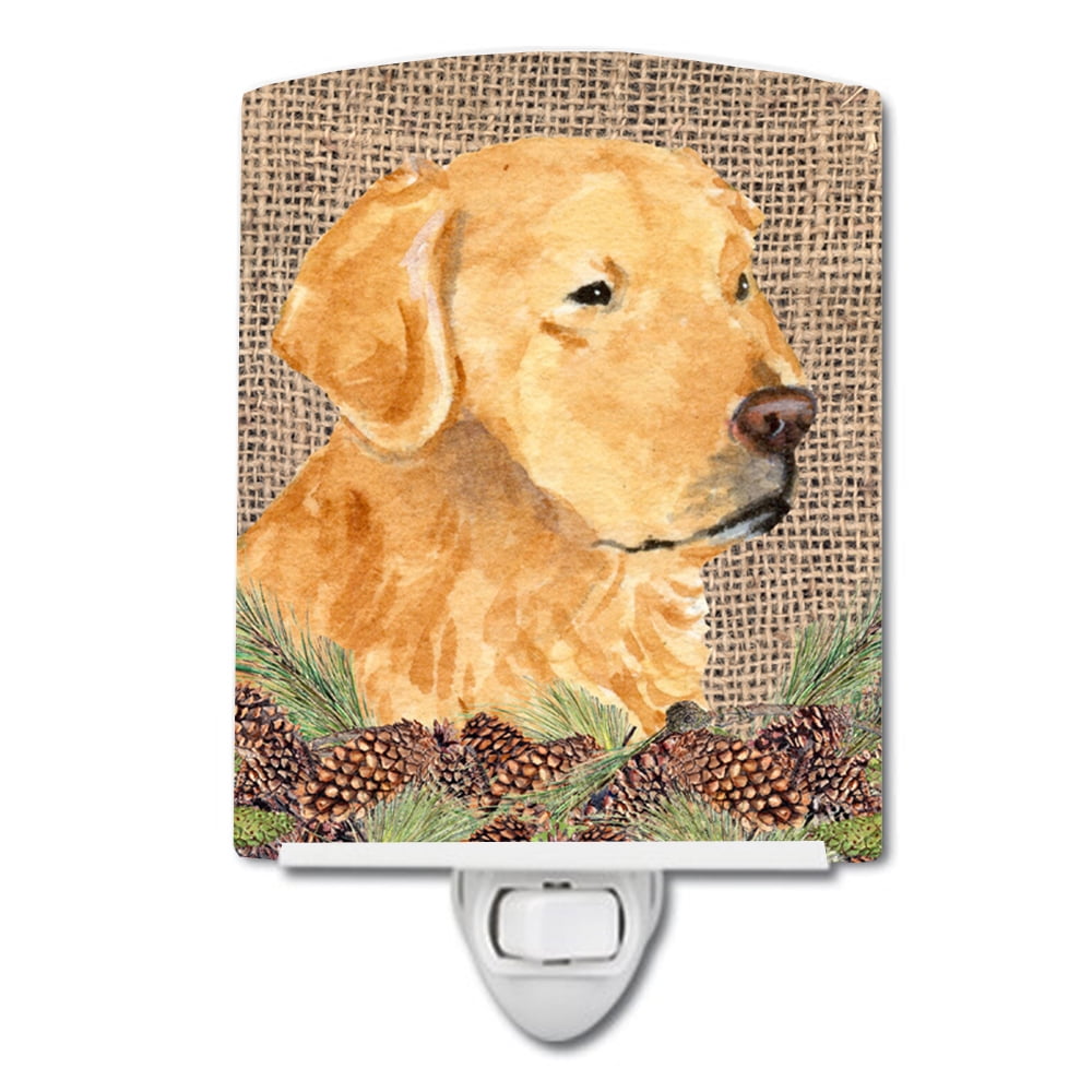 Golden Retriever on Faux Burlap with Pine Cones Ceramic Night Light