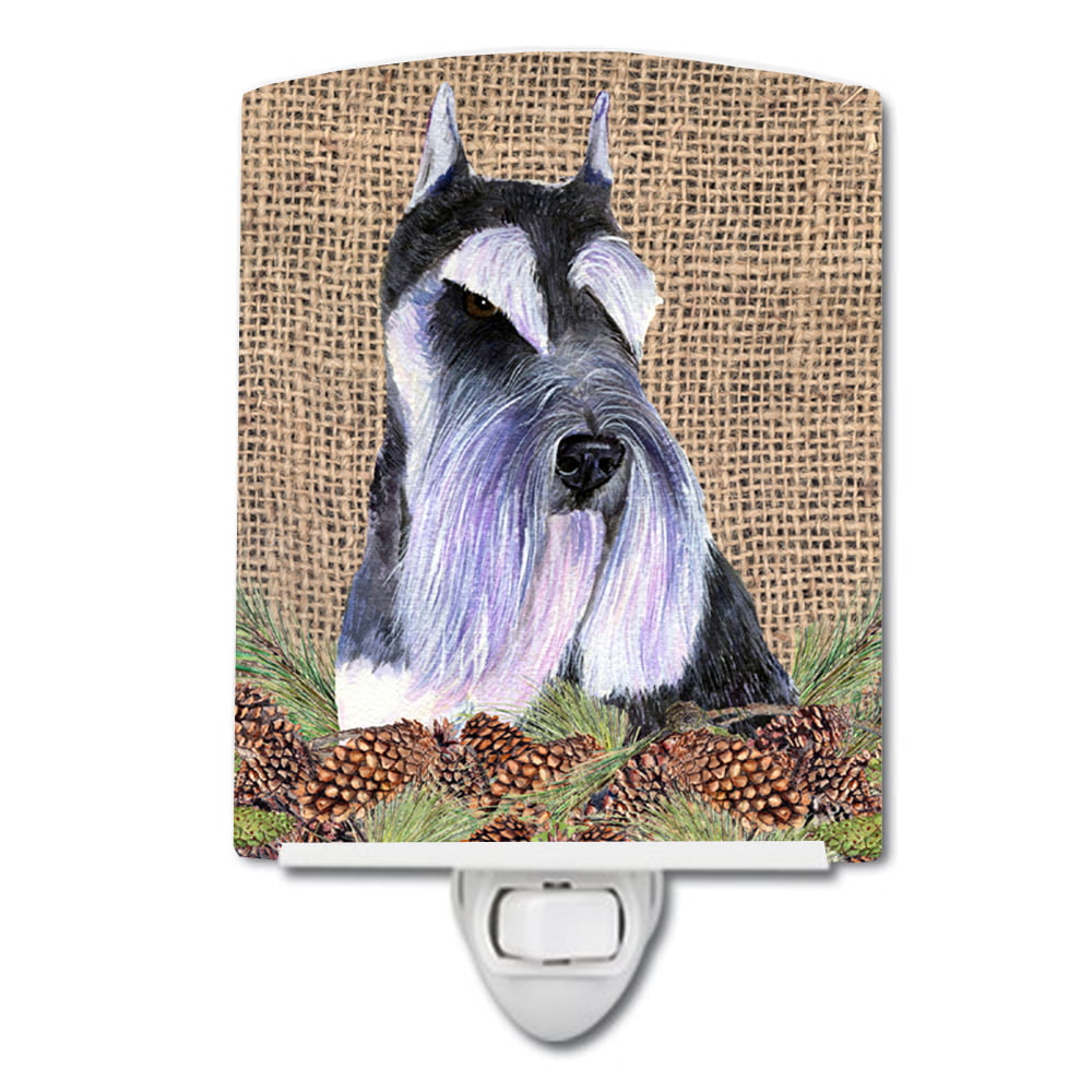 Schnauzer on Faux Burlap with Pine Cones Ceramic Night Light