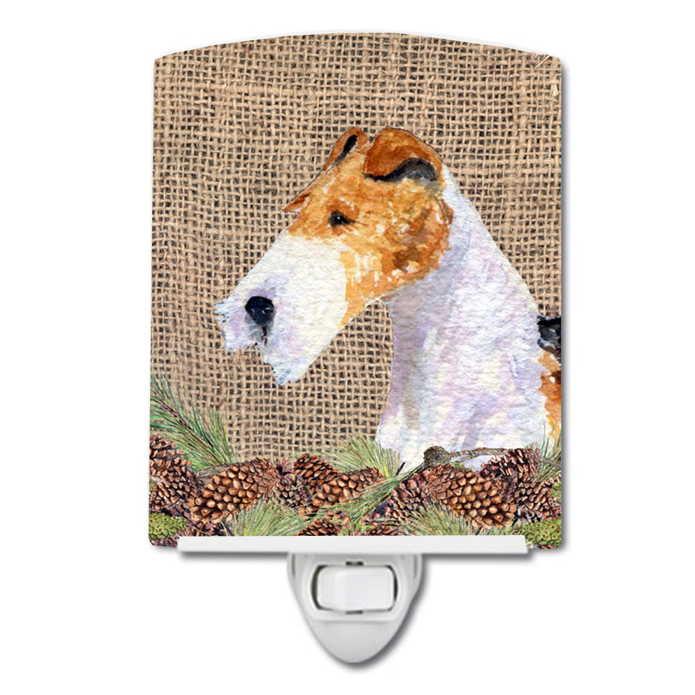 Fox Terrier on Faux Burlap with Pine Cones Ceramic Night Light