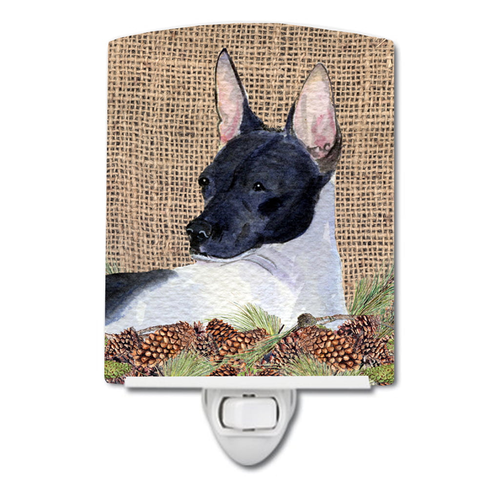 Rat Terrier on Faux Burlap with Pine Cones Ceramic Night Light