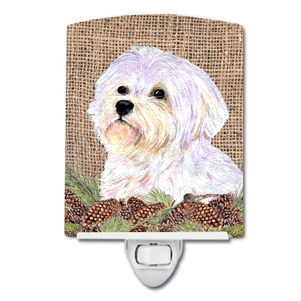 Maltese on Faux Burlap with Pine Cones Ceramic Night Light