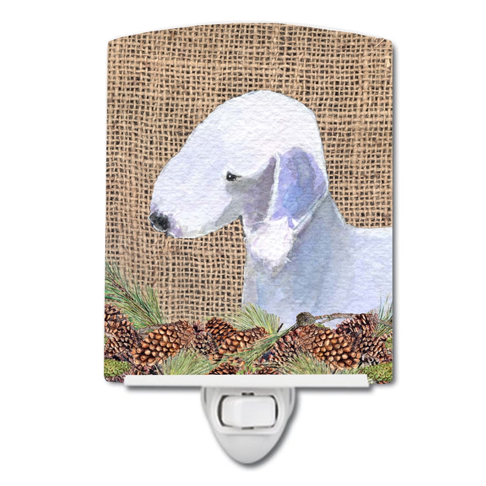 Bedlington Terrier on Faux Burlap with Pine Cones Ceramic Night Light