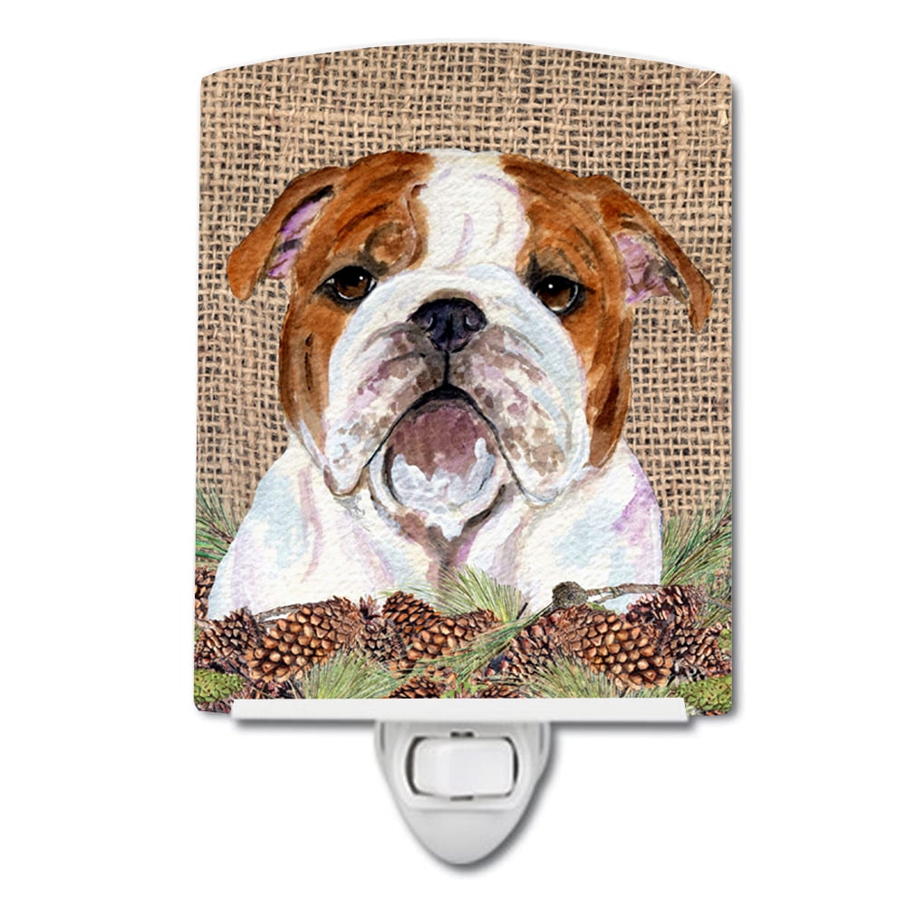 Bulldog English on Faux Burlap with Pine Cones Ceramic Night Light