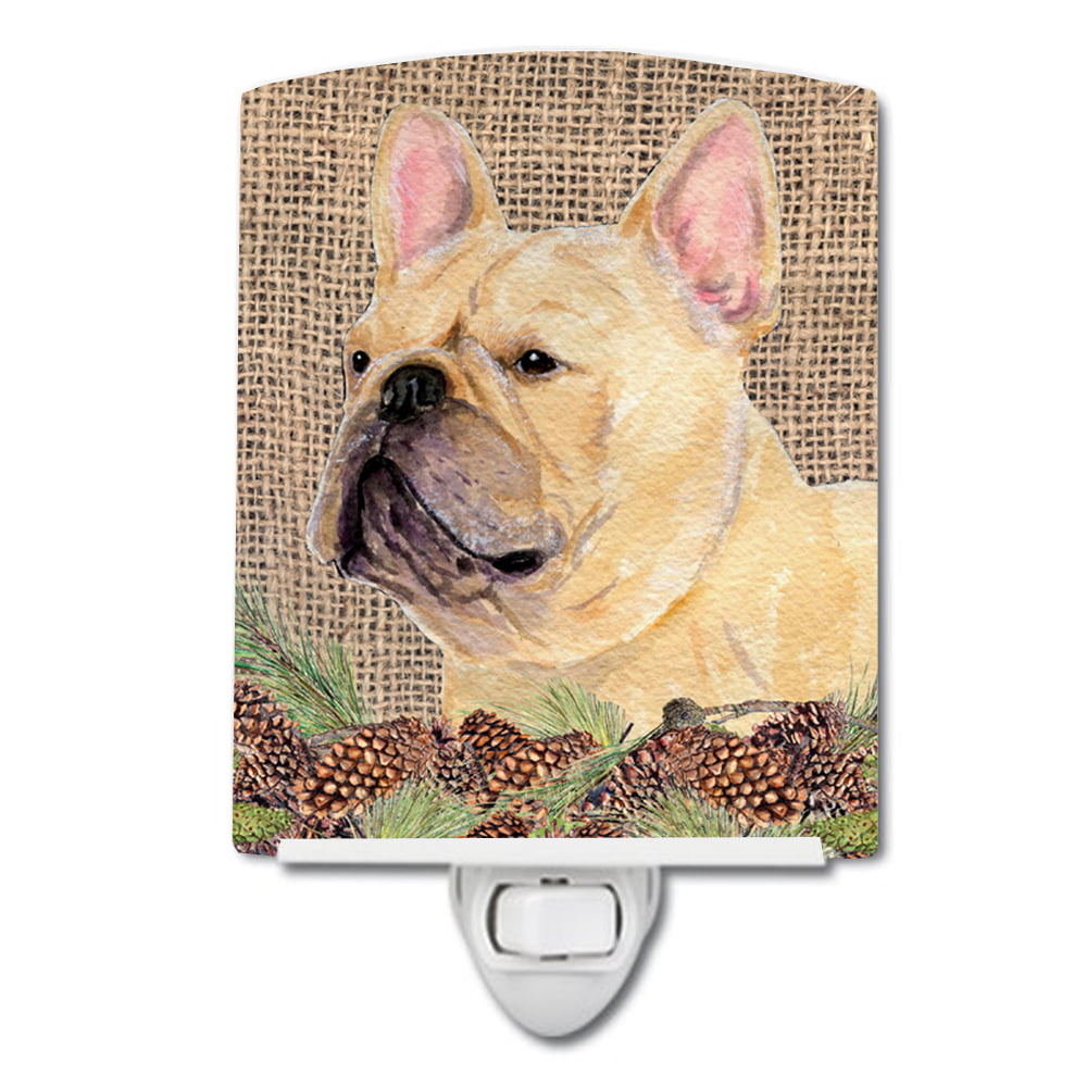 French Bulldog on Faux Burlap with Pine Cones Ceramic Night Light