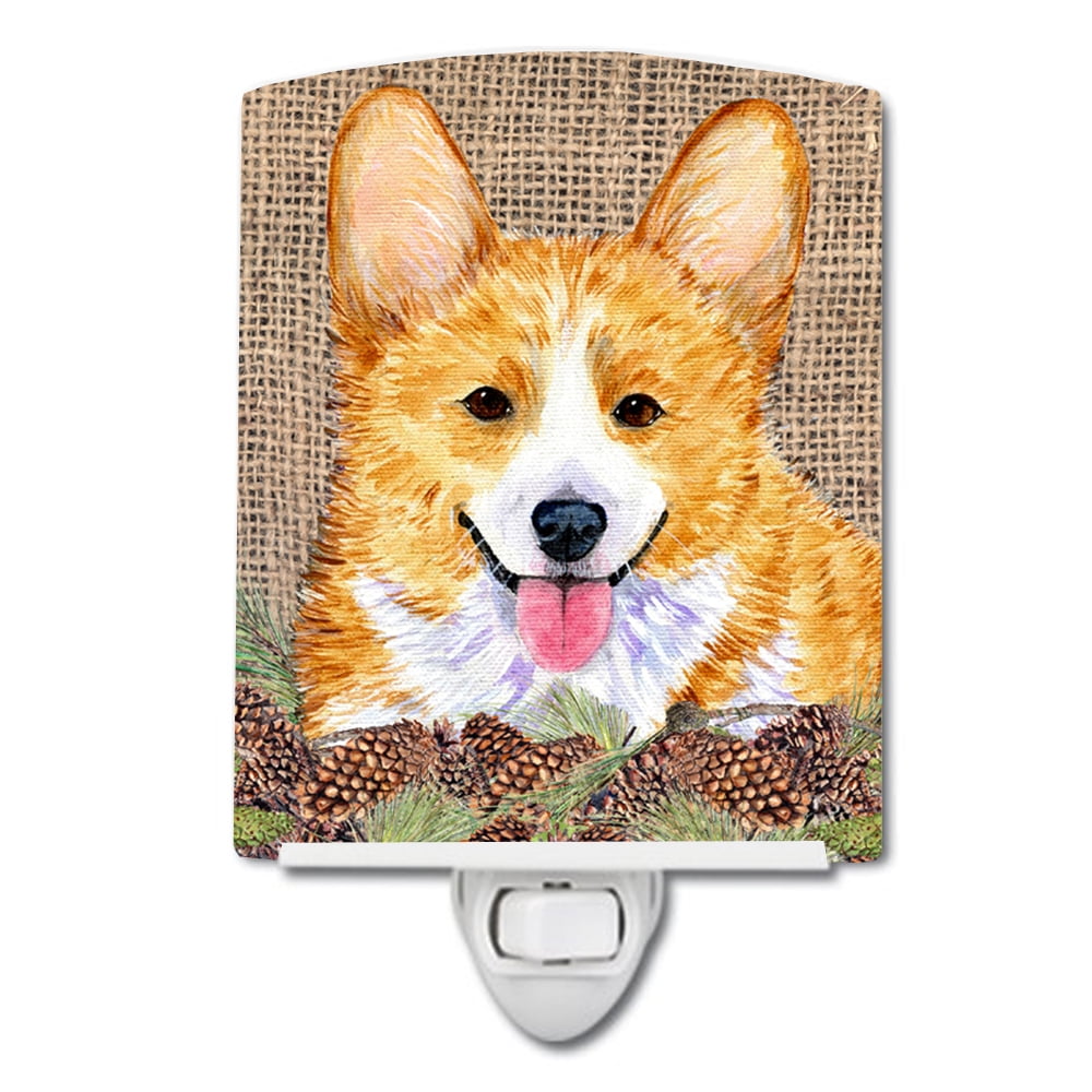Corgi on Faux Burlap with Pine Cones Ceramic Night Light