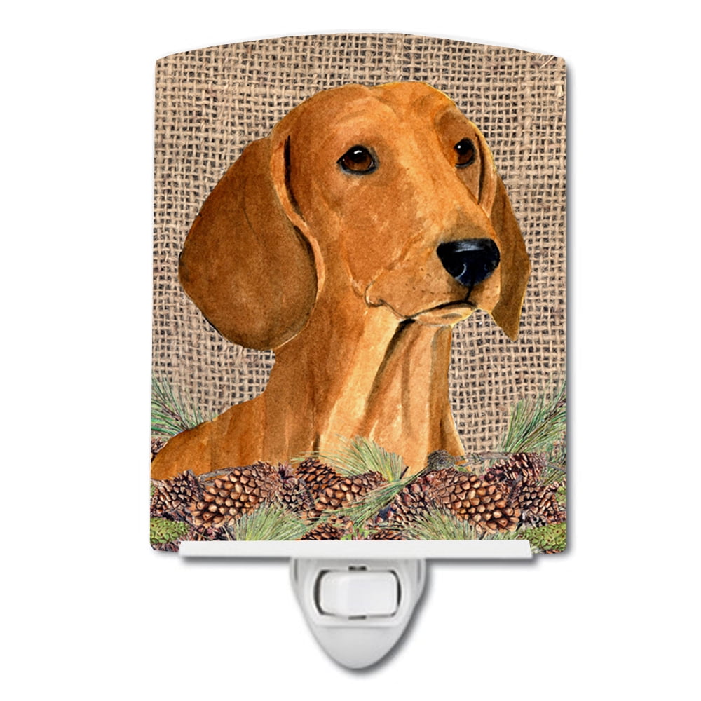 Dachshund on Faux Burlap with Pine Cones Ceramic Night Light