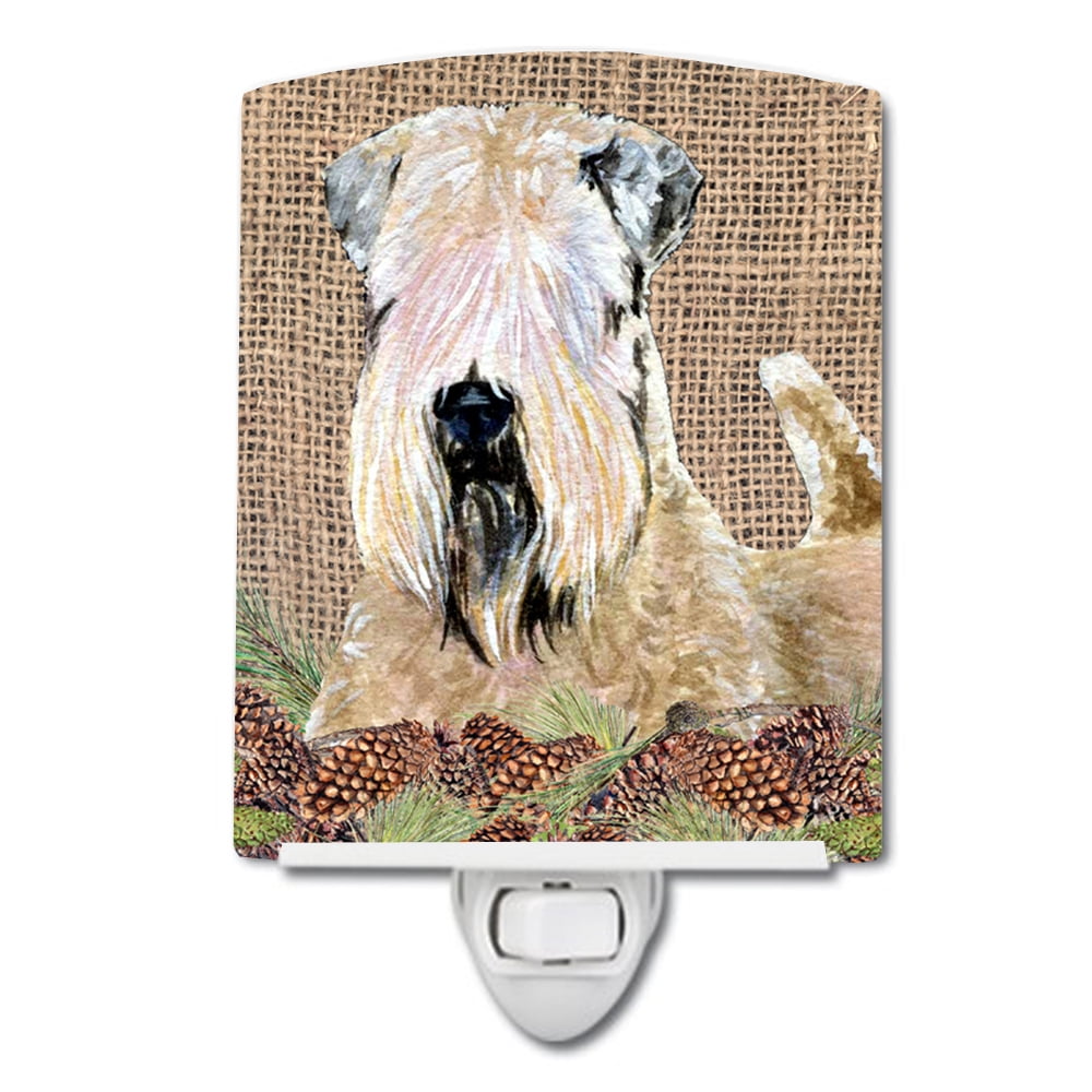 Wheaten Terrier Soft Coated on Faux Burlap with Pine Cones Ceramic Night Light