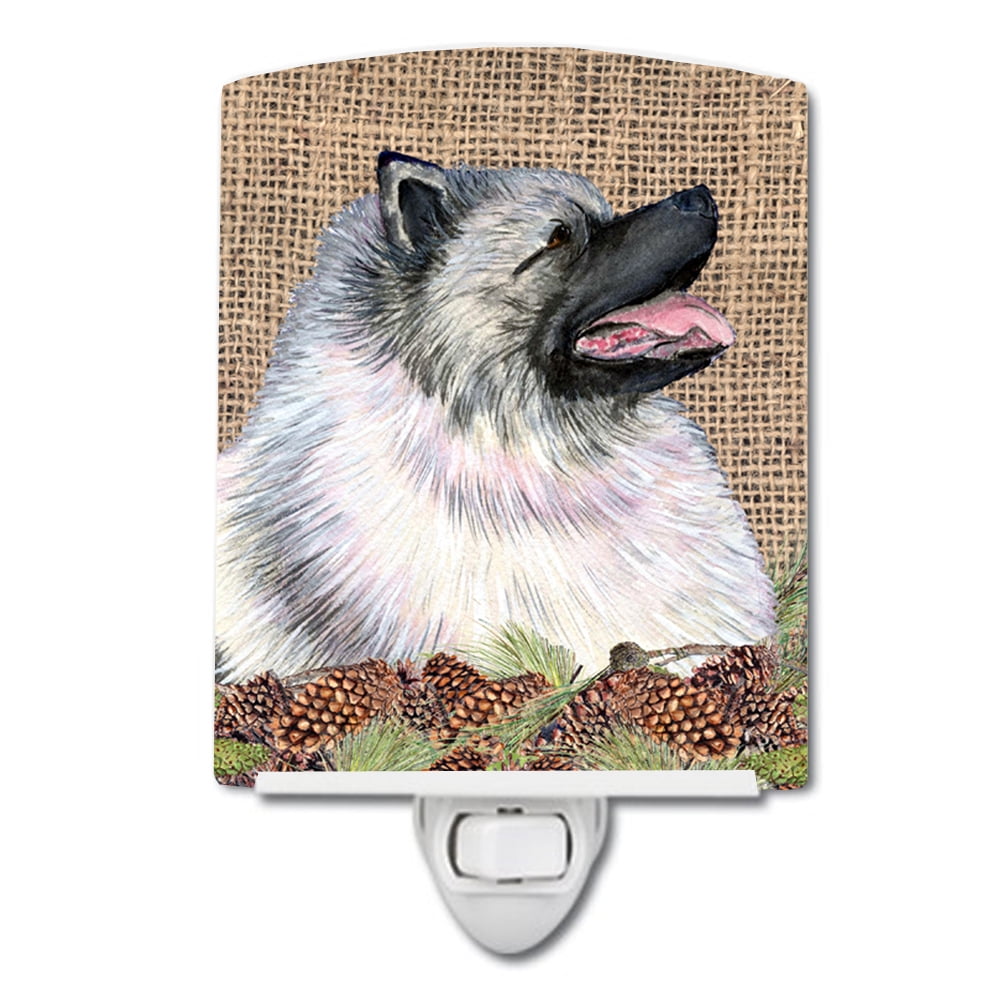 Keeshond on Faux Burlap with Pine Cones Ceramic Night Light