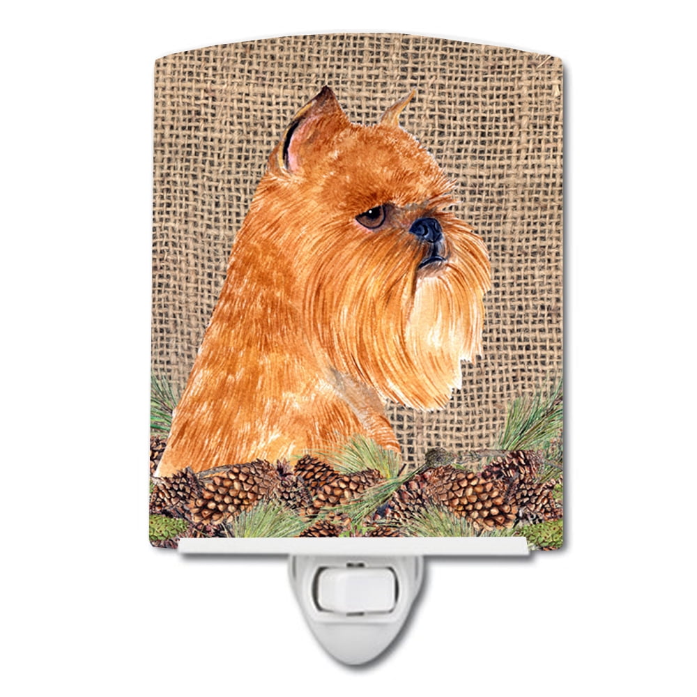 Brussels Griffon on Faux Burlap with Pine Cones Ceramic Night Light