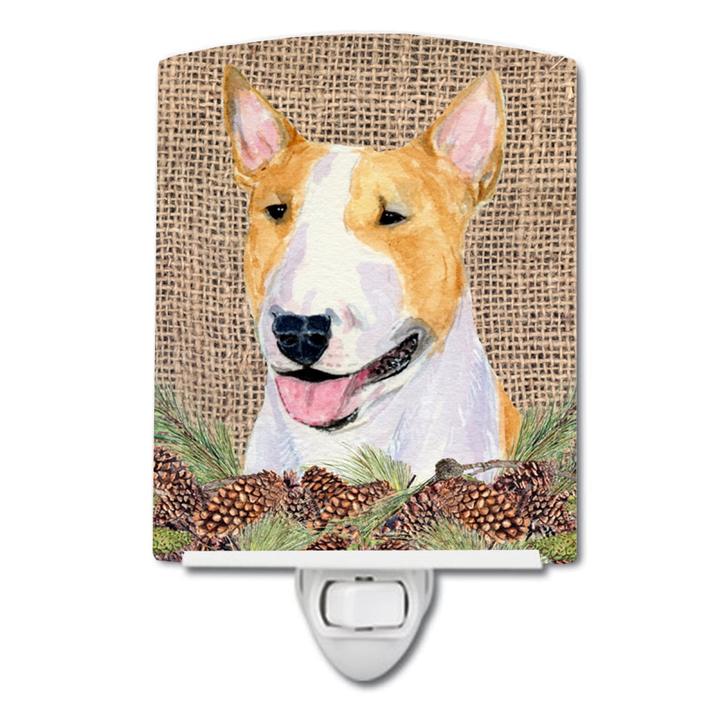 Bull Terrier on Faux Burlap with Pine Cones Ceramic Night Light