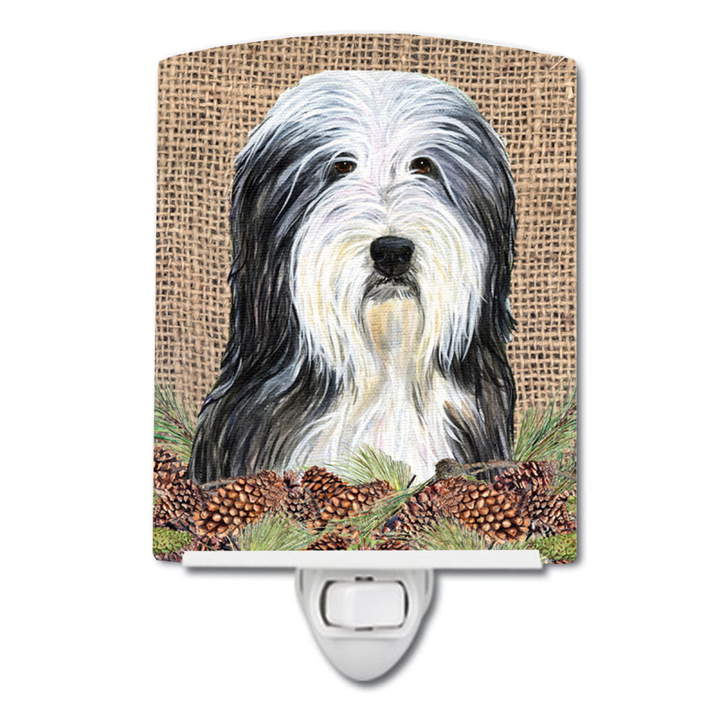 Bearded Collie on Faux Burlap with Pine Cones Ceramic Night Light
