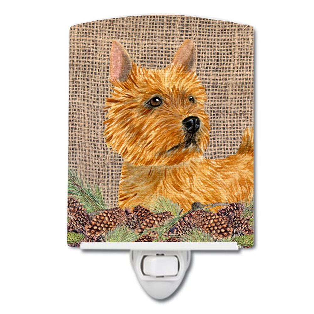 Norwich Terrier on Faux Burlap with Pine Cones Ceramic Night Light