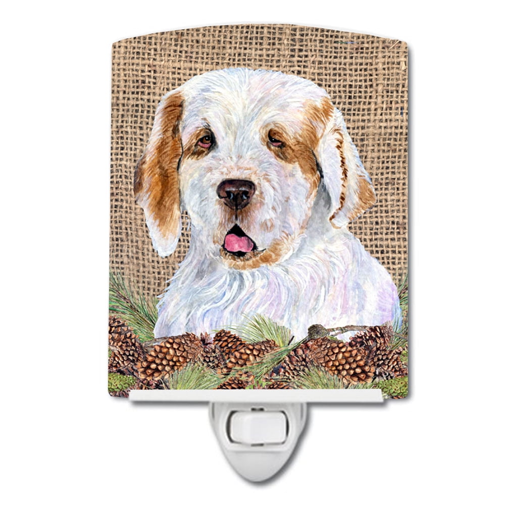 Clumber Spaniel on Faux Burlap with Pine Cones Ceramic Night Light