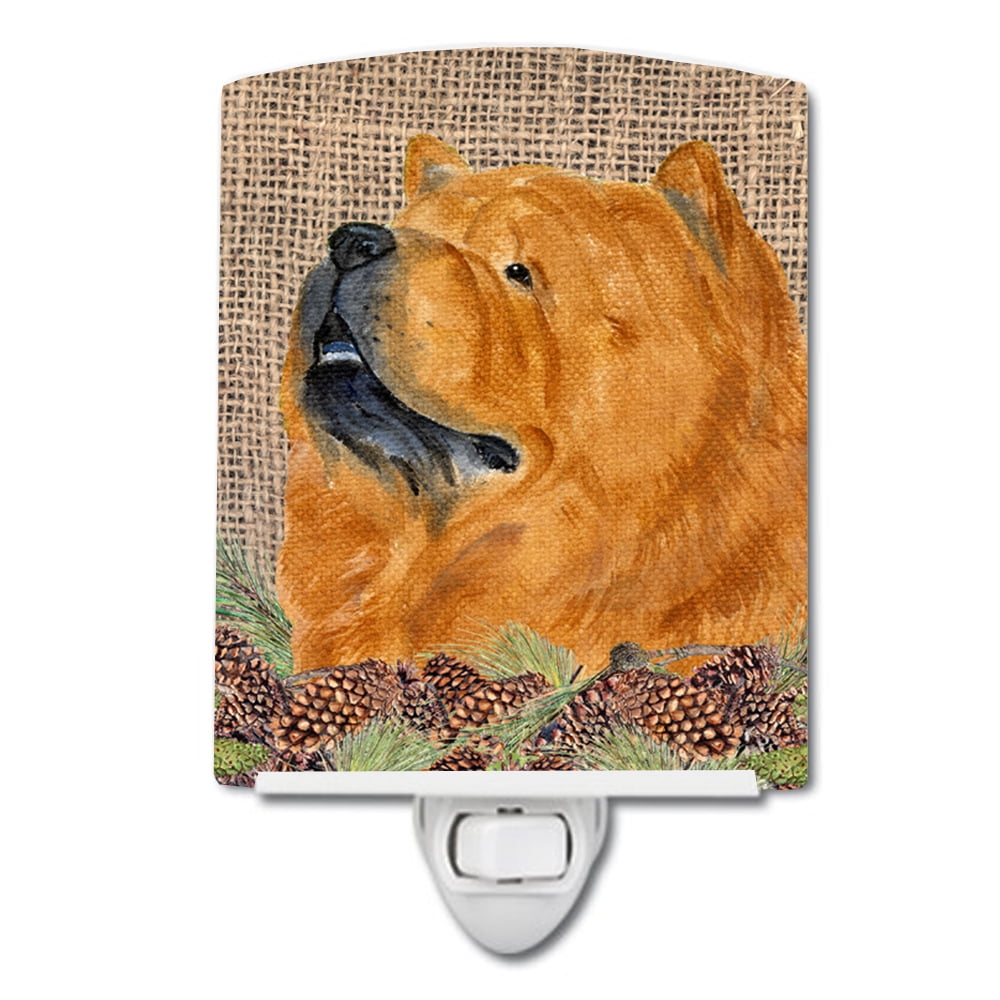 Chow Chow on Faux Burlap with Pine Cones Ceramic Night Light