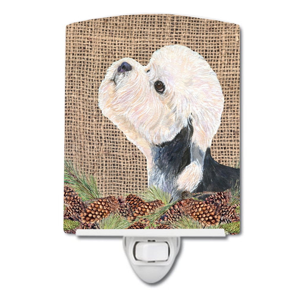 Dandie Dinmont Terrier on Faux Burlap with Pine Cones Ceramic Night Light