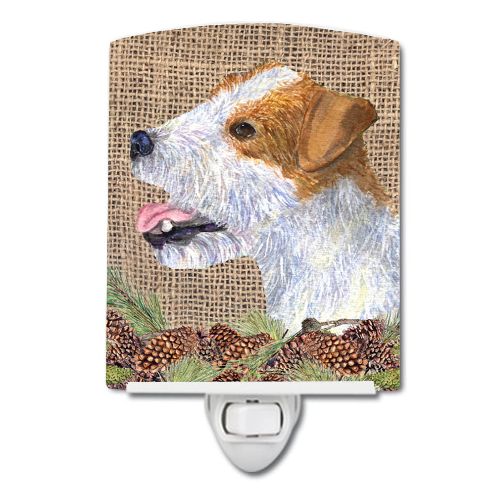 Jack Russell Terrier on Faux Burlap with Pine Cones Ceramic Night Light