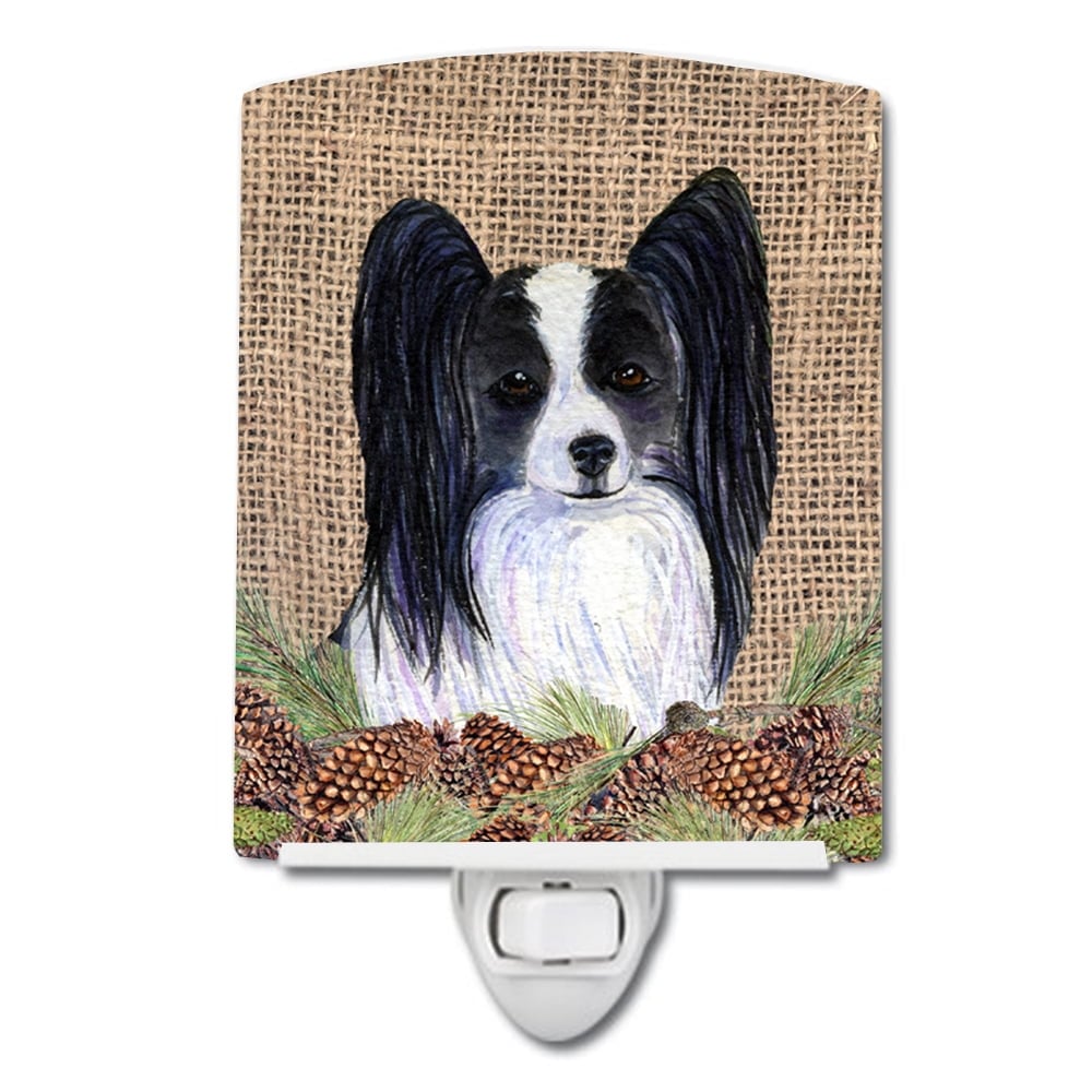 Papillon on Faux Burlap with Pine Cones Ceramic Night Light
