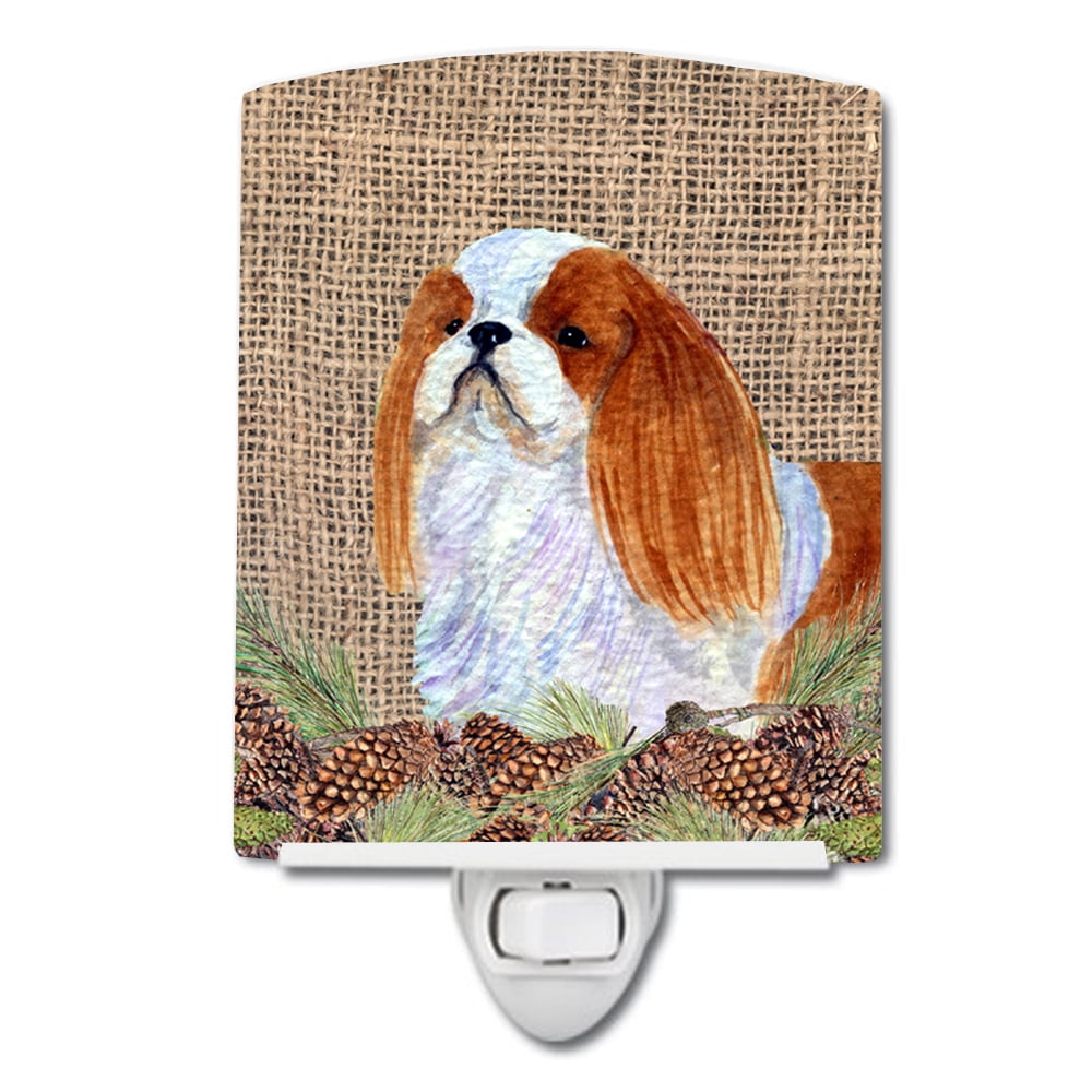 English Toy Spaniel on Faux Burlap with Pine Cones Ceramic Night Light