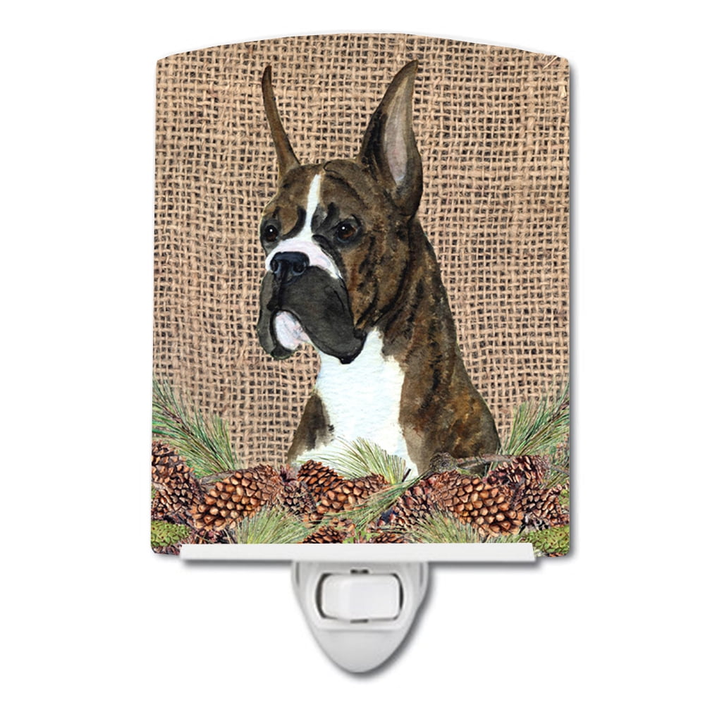 SS4097CNL Brindle Boxer on Faux Burlap with Pine Cones Ceramic Night Light