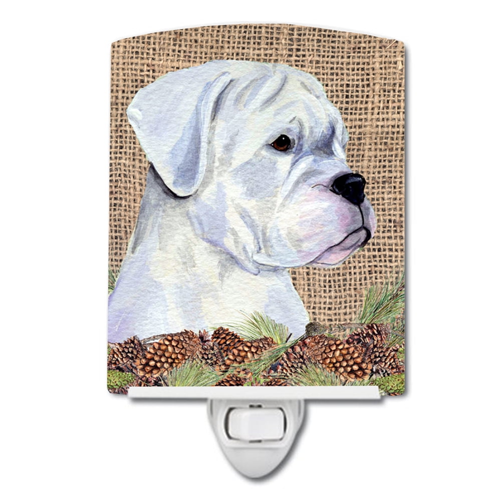 White Boxer on Faux Burlap with Pine Cones Ceramic Night Light