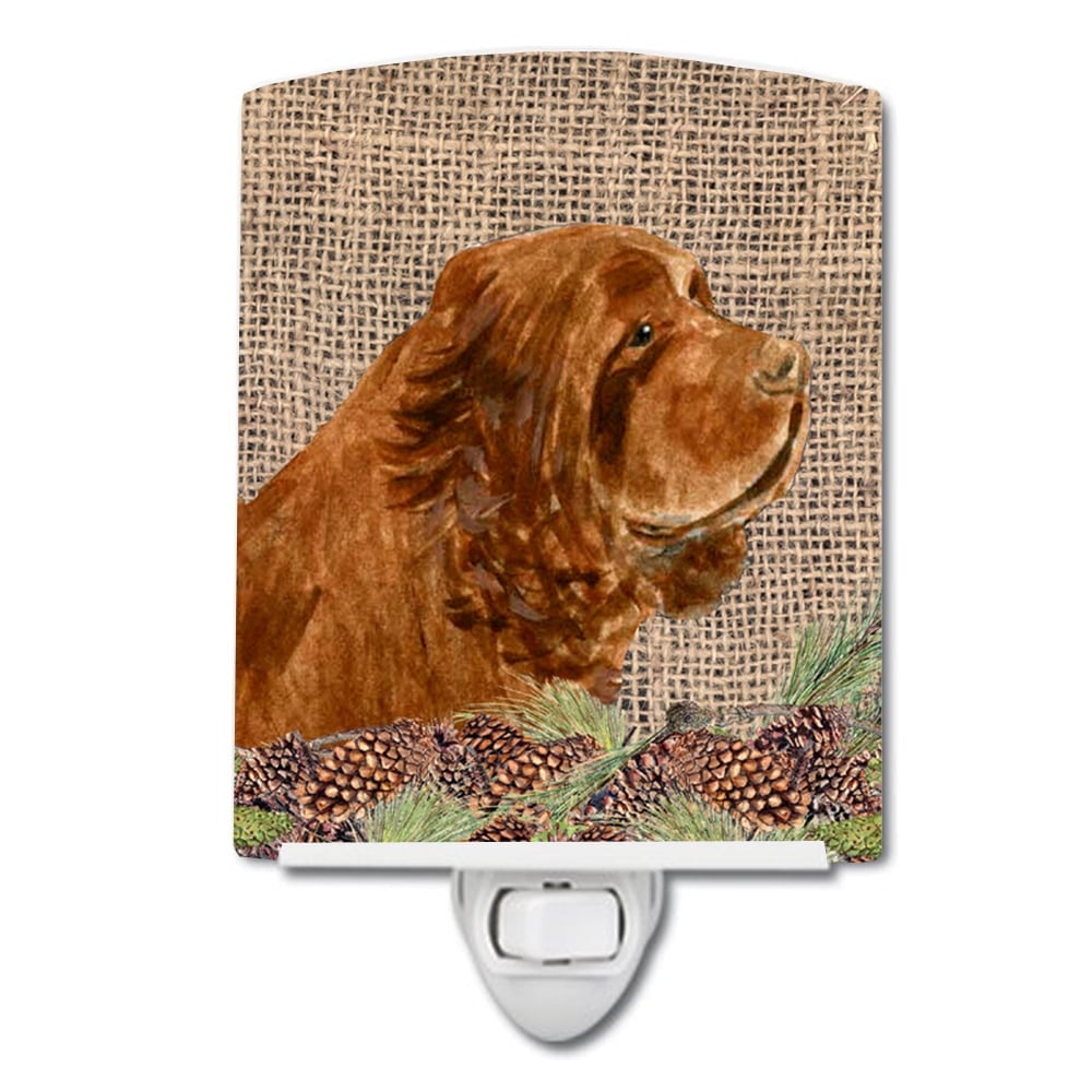 Sussex Spaniel on Faux Burlap with Pine Cones Ceramic Night Light