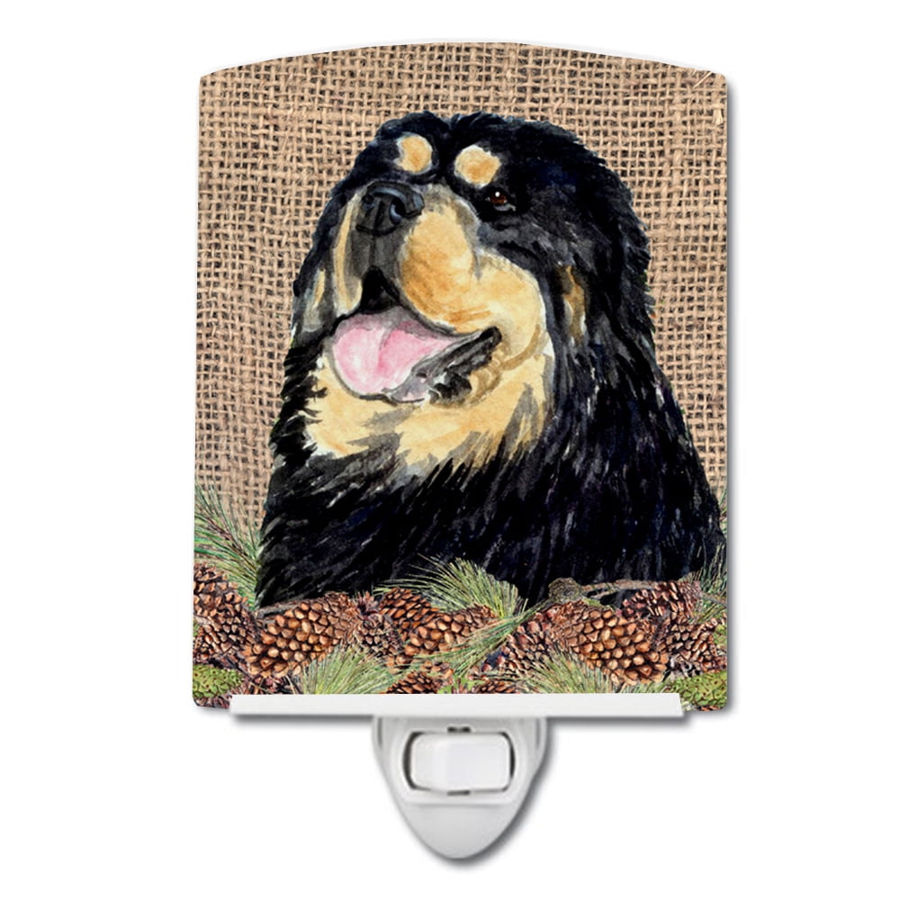 Tibetan Mastiff on Faux Burlap with Pine Cones Ceramic Night Light