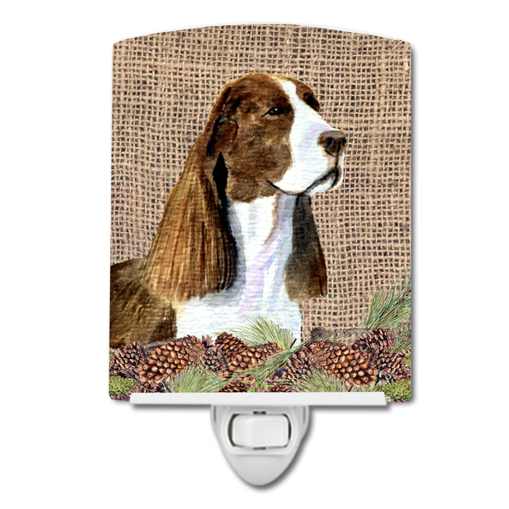 Springer Spaniel on Faux Burlap with Pine Cones Ceramic Night Light