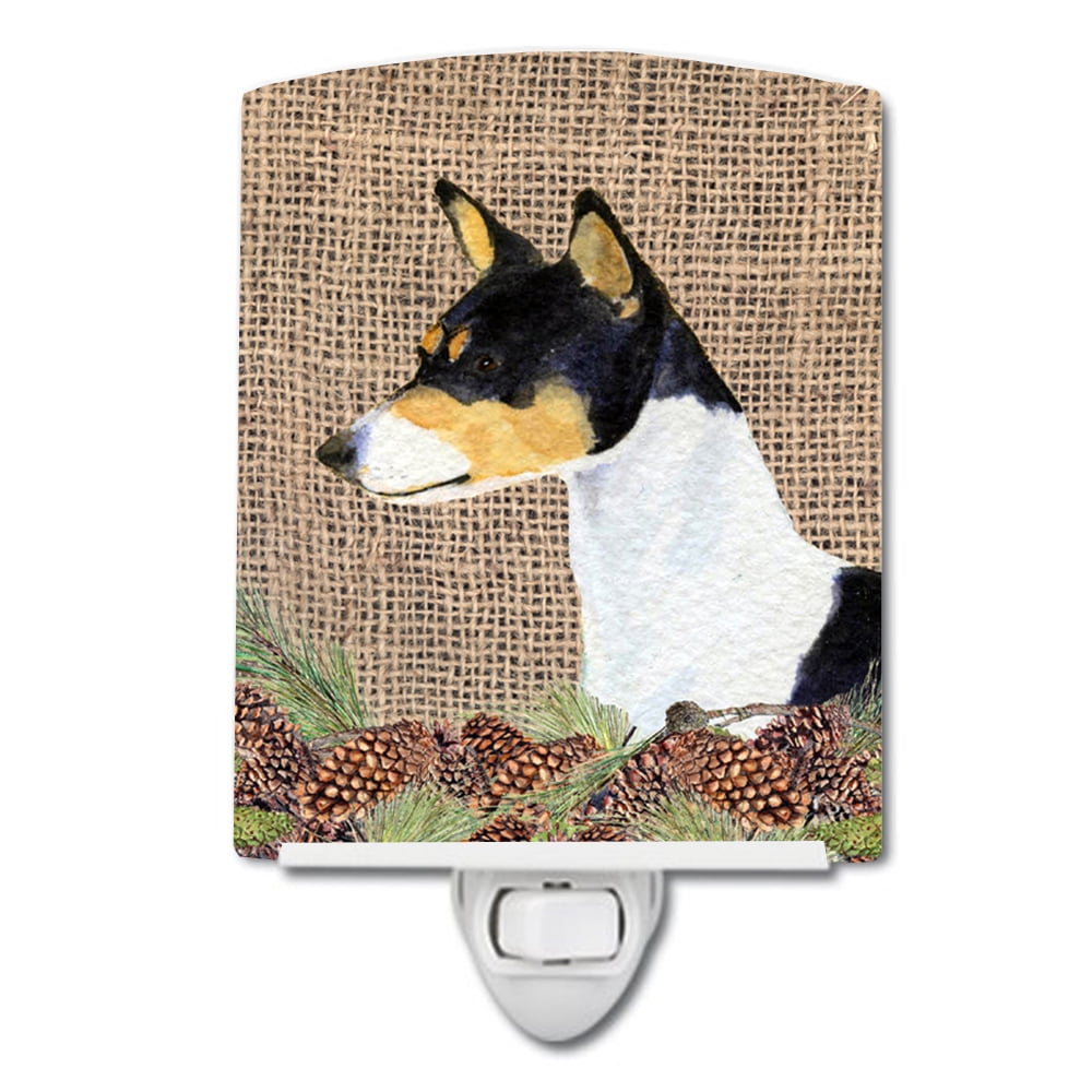 Basenji on Faux Burlap with Pine Cones Ceramic Night Light