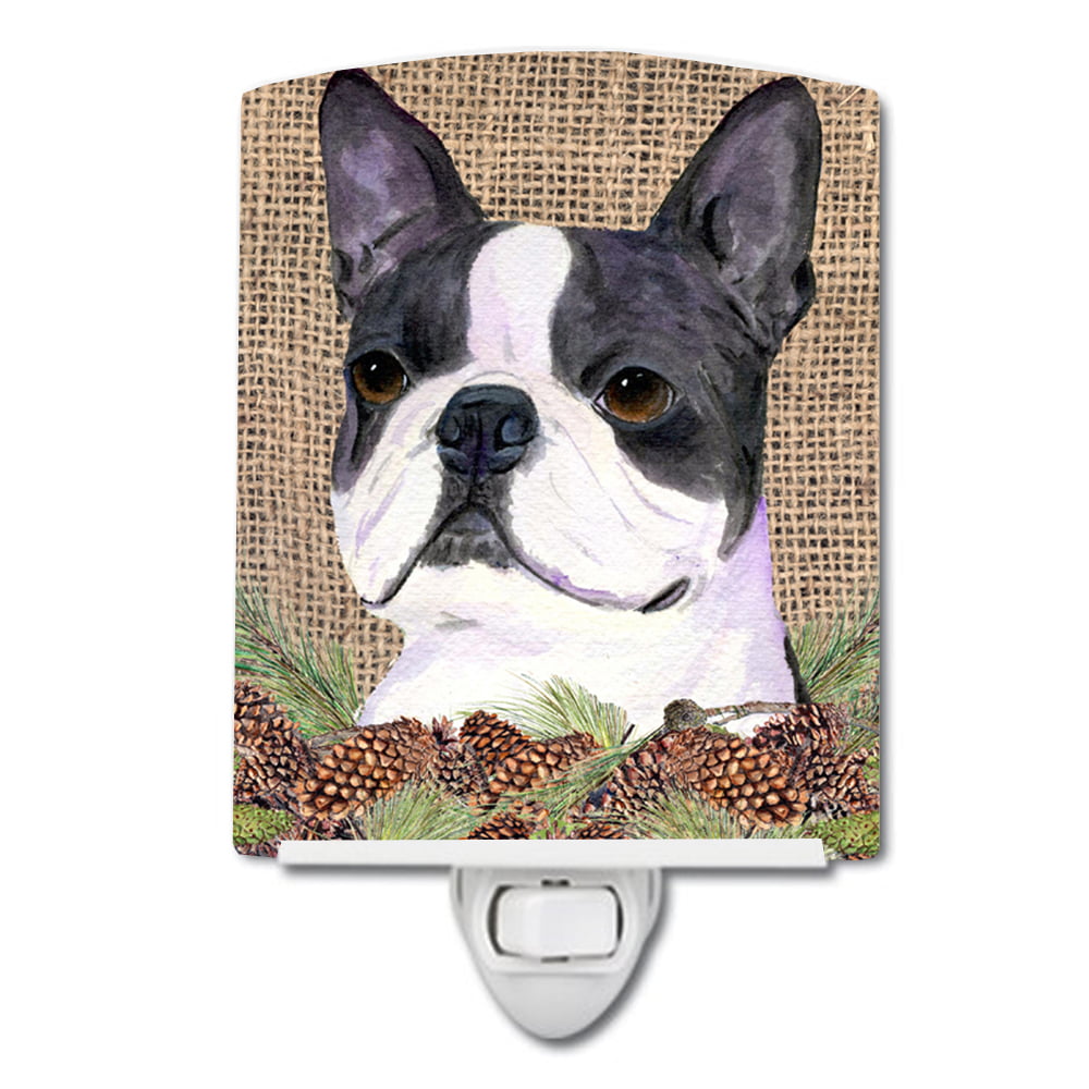 Boston Terrier on Faux Burlap with Pine Cones Ceramic Night Light