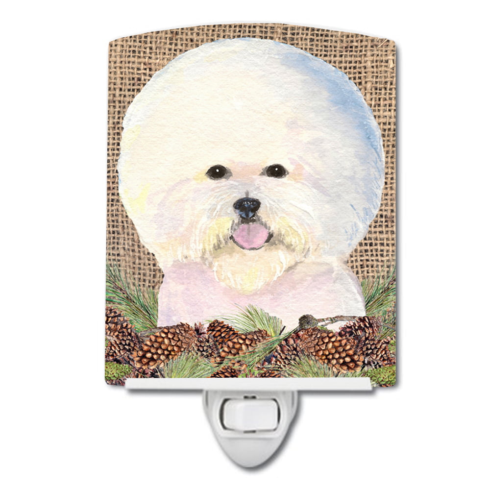 Bichon Frise on Faux Burlap with Pine Cones Ceramic Night Light