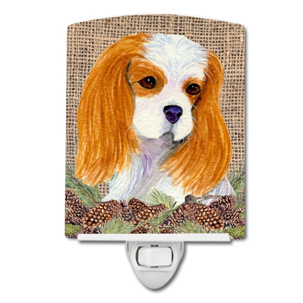Cavalier Spaniel on Faux Burlap with Pine Cones Ceramic Night Light