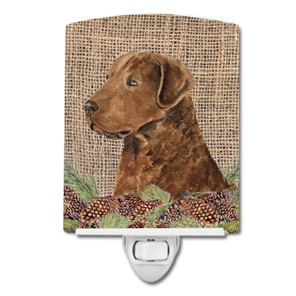 Curly Coated Retriever on Faux Burlap with Pine Cones Ceramic Night Light